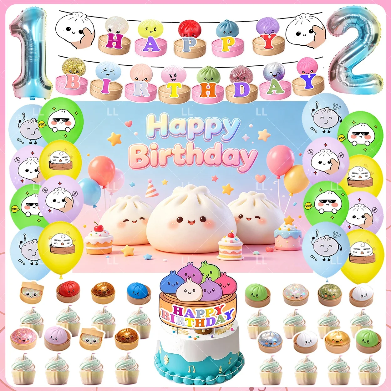 Cartoon Steamed Buns Children Birthday Party Decoration Toy Stress Relief Dumplings Banner Balloon Cake Topper Baby Shower Gift
