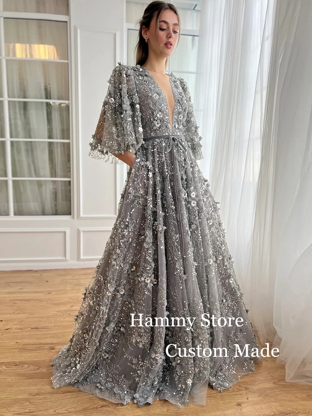 Grey Evening Dress Customized Luxury V Neck Beading Sequined Flower A Line Special Occasion Dresses Shinny Prom Gown for Party
