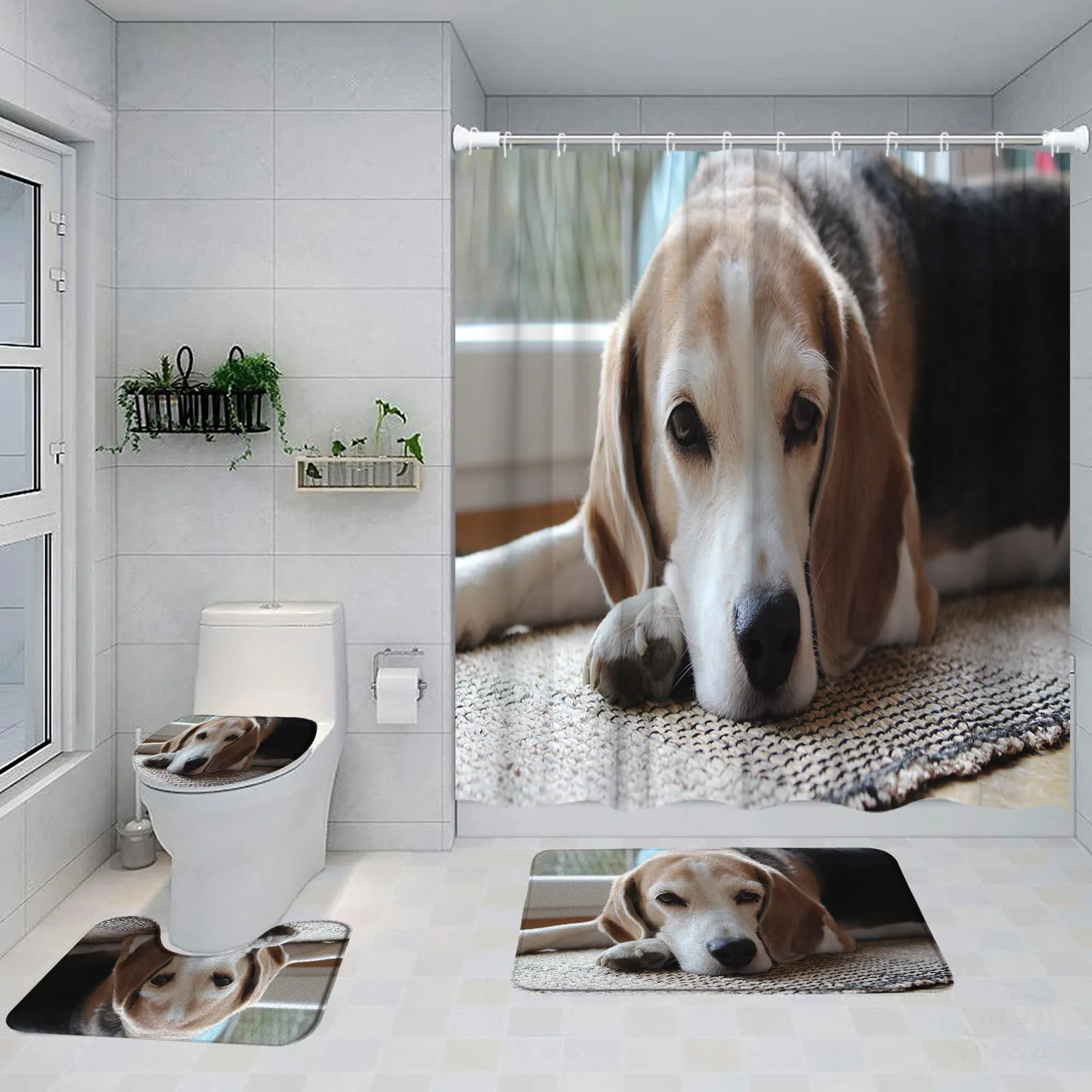 Funny Dog Shower Curtain Set Cute Animal Pet Grey Bath Curtain Home Bathroom Decor Carpet Non-Slip Rug Bath Mat Toilet Lid Cover