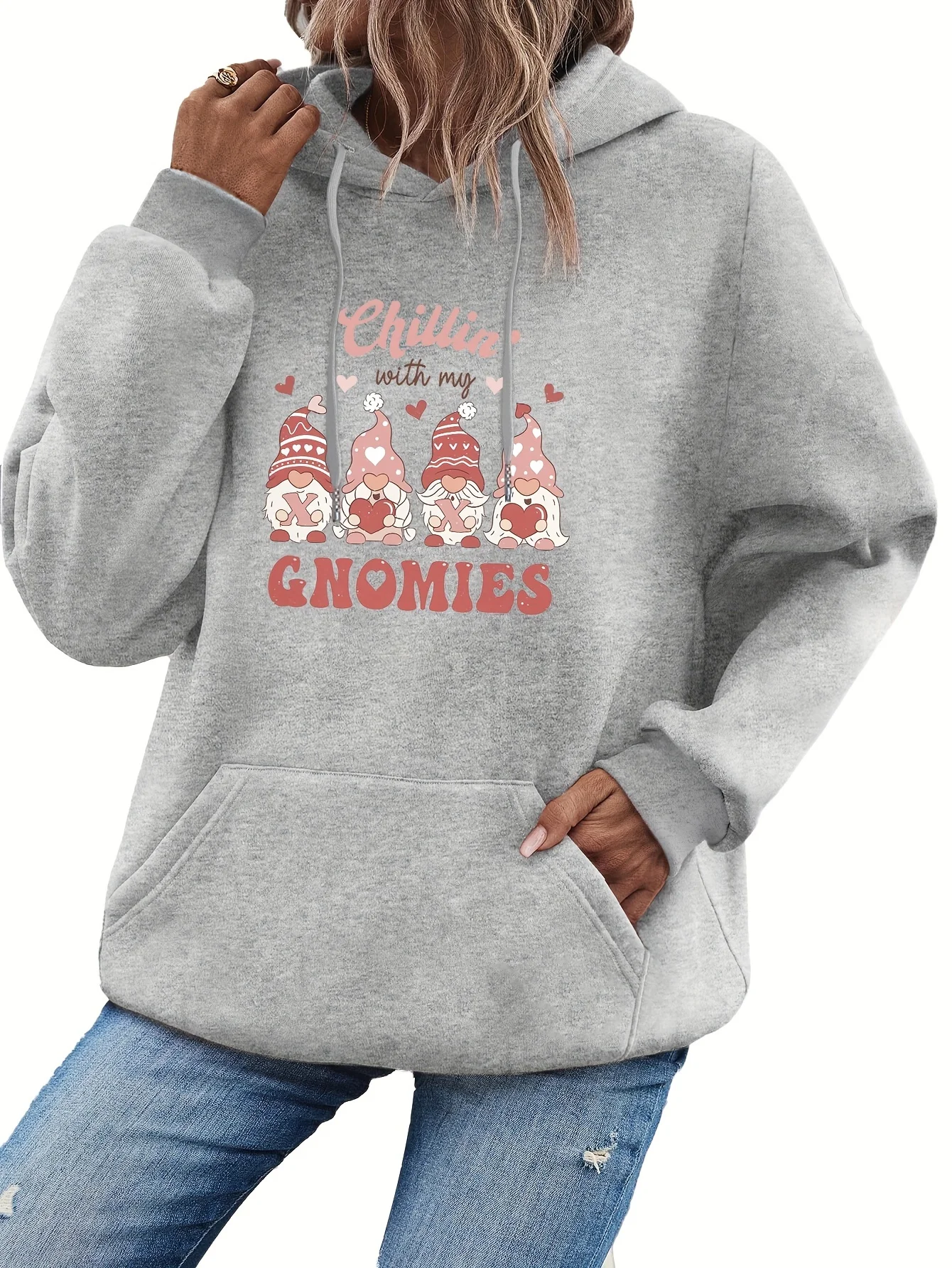 Christmas Midget Print Drawstring Hoodie, Casual Long Sleeve Pocket Hoodie, Sweatshirt