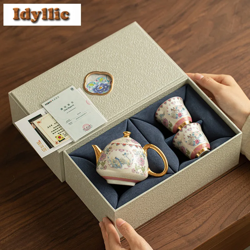

Enamel Color Hand-made Silver Flowers And Birds Tea Set Complete Set Retro Tea Ceremony Set Teapot And Tea Cup Set Cha Ornaments