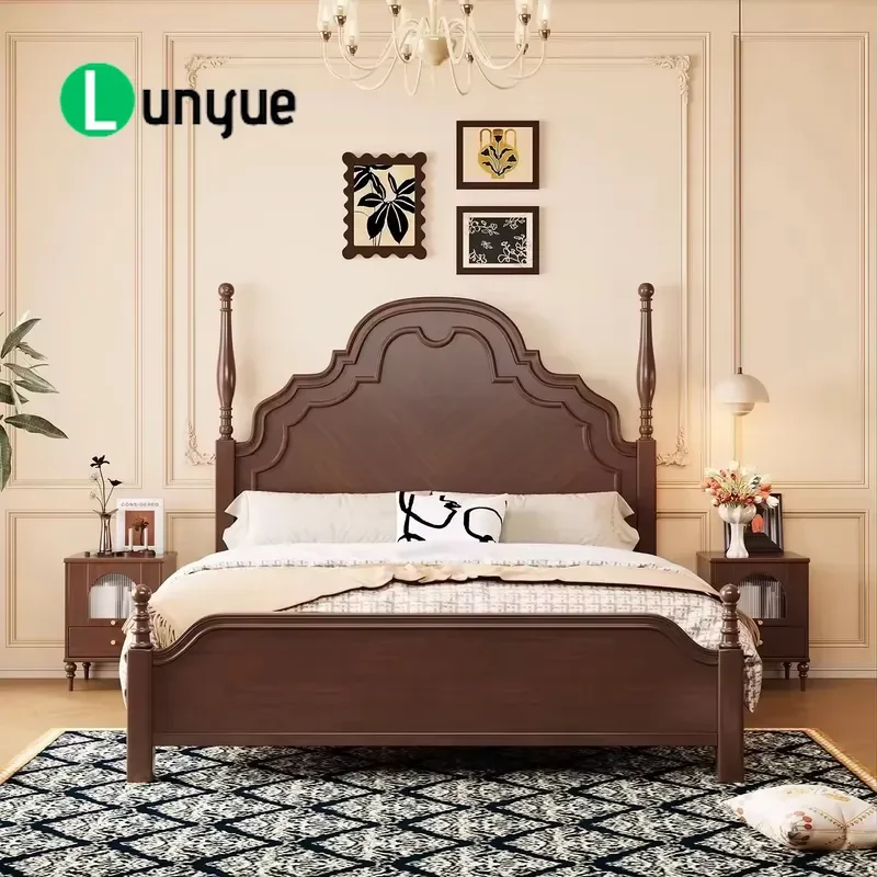 Solid Wood Bed American Retro Style Simple Elegant Family Bedroom Furniture Durable Daily Use Comfortable Sleeping Platform