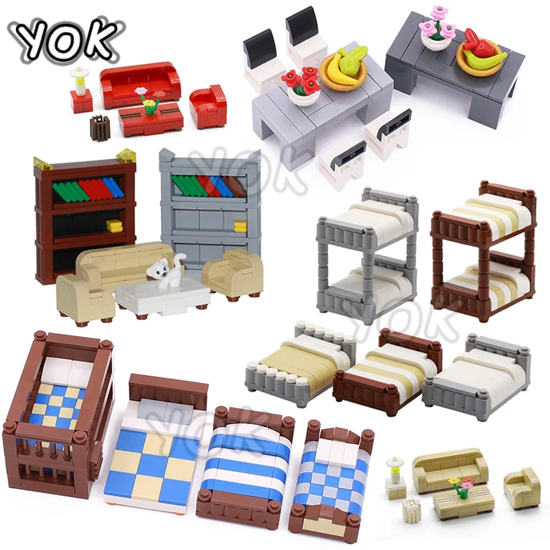 

City MOC Accessories House Sitting Room Furniture Sofa Table Double Bed Building Blocks DIY Bookshelf Bricks Construction Toys