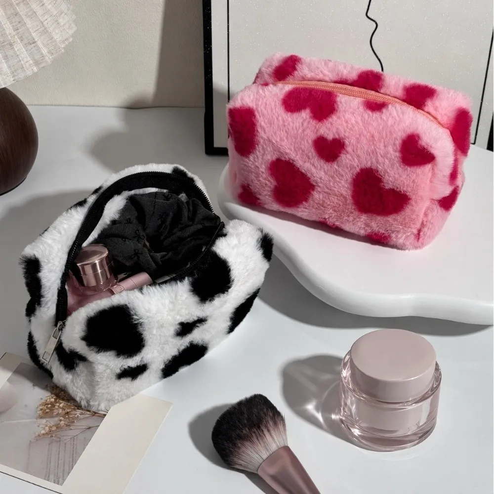 1Pc Portable Fluffy Makeup Bag Heart Print Large Capacity Cosmetic Pouch Cosmetic Bag Women Girls