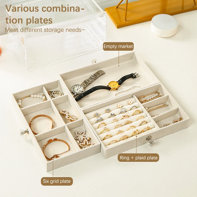 Jewelry Organizer Box Transparent Display Case 3 Layer Earrings Necklace Ring Plastic Organizing Boxes Velvet Jewelry Tray Gifts