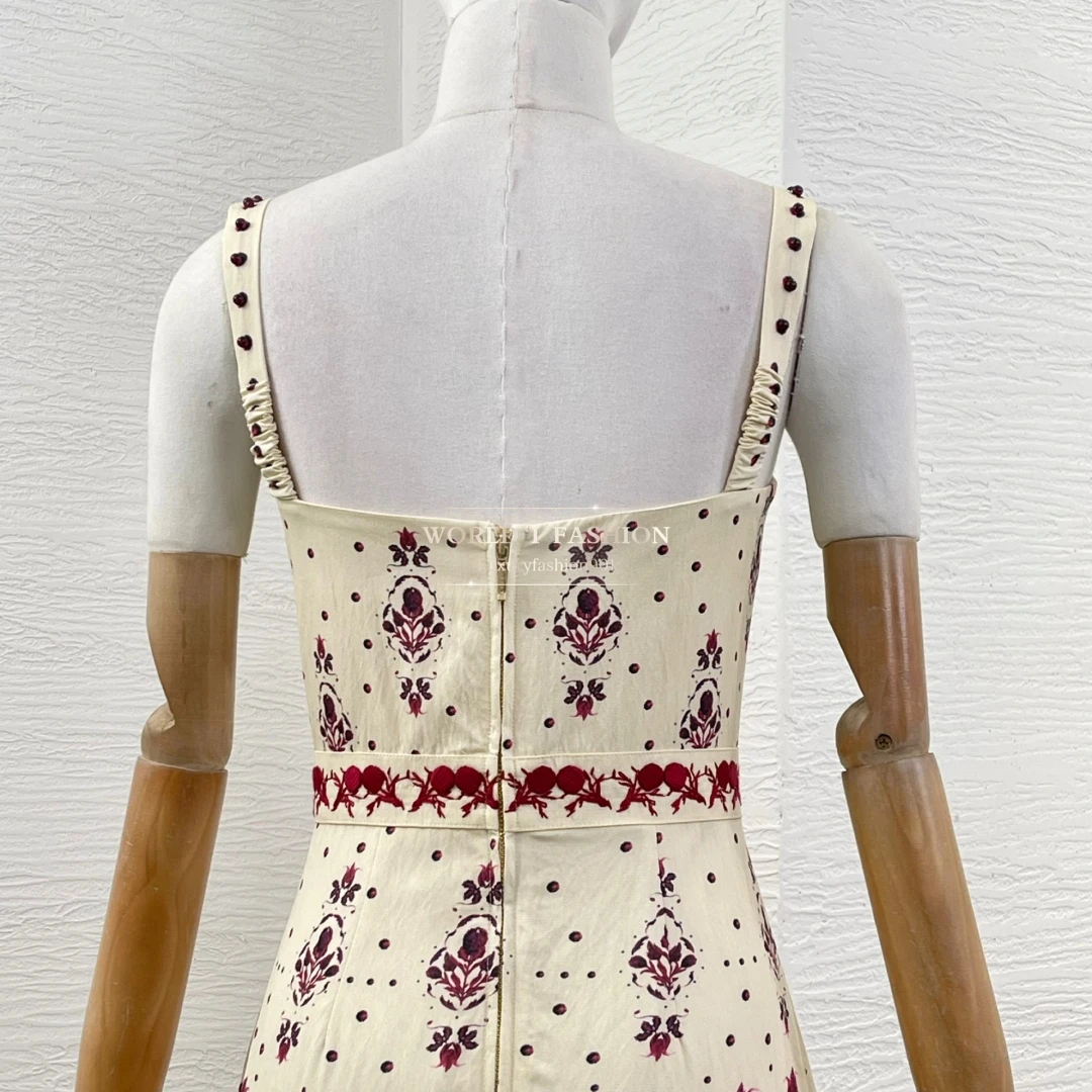 

Beige Embroidery Floral Print Sleeveless Sling Women's Summer Dress