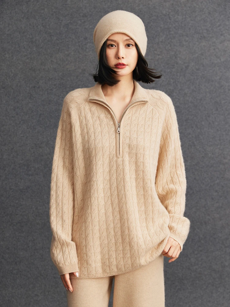 TLOML Neue frauen 100% Kaschmir Pullover Zipper Zopfmuster Pullover Kaschmir Strickwaren Herbst Winter Dicke Weiche Lose Casual Tops