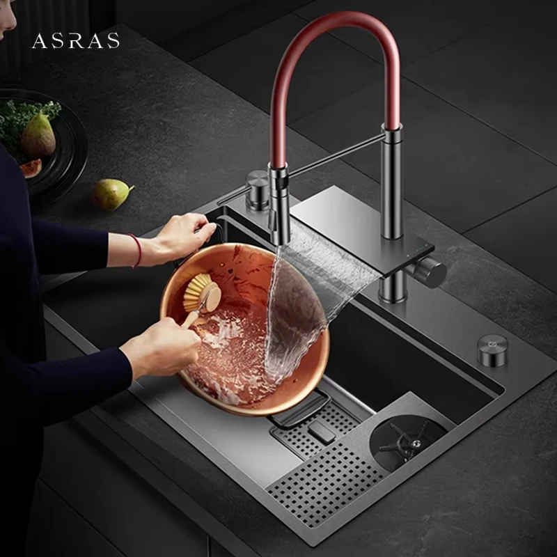 ASRAS Waterfall Faucet Cup Rinser Kitchen Island Sink SUS 304 Stainless Steel 4mm Thickness Handmade Nano Kitchen Sinks