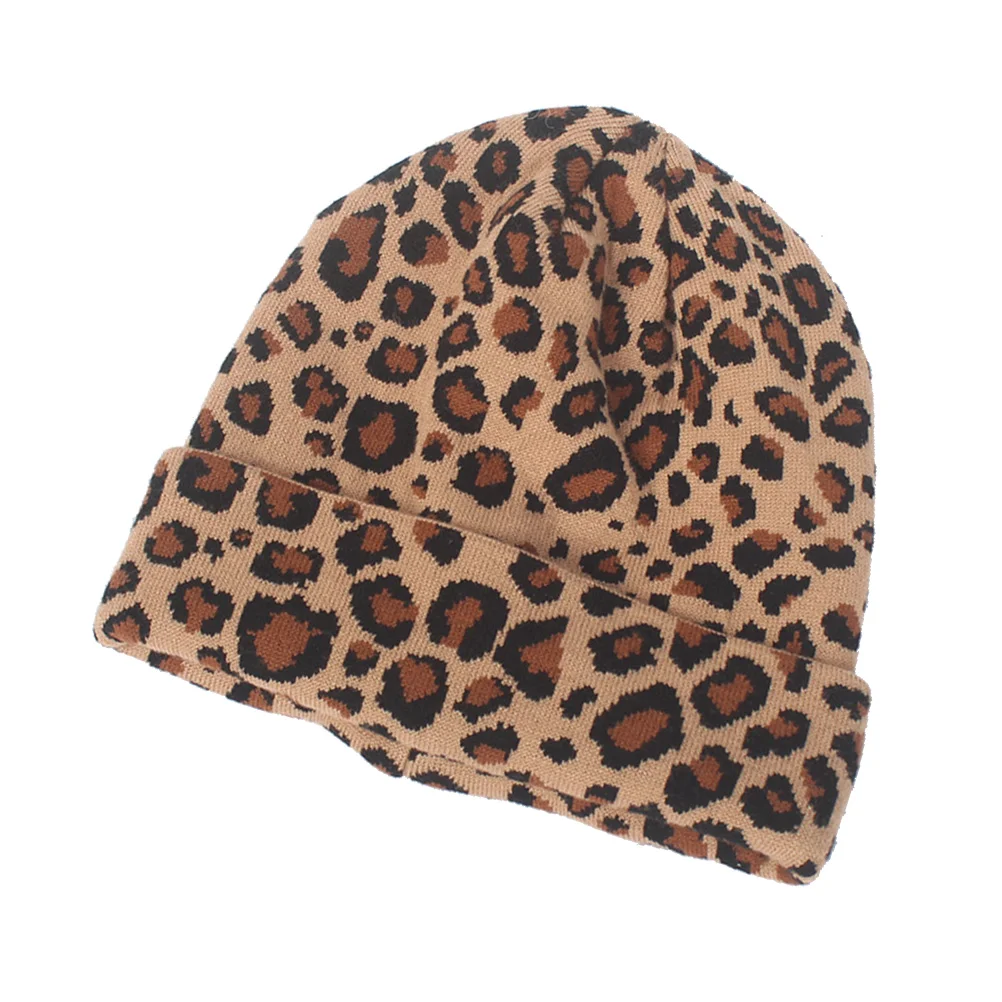 Gorros y gorros cálidos para mujer, gorro de punto, informal, combina con todo, leopardo rosa