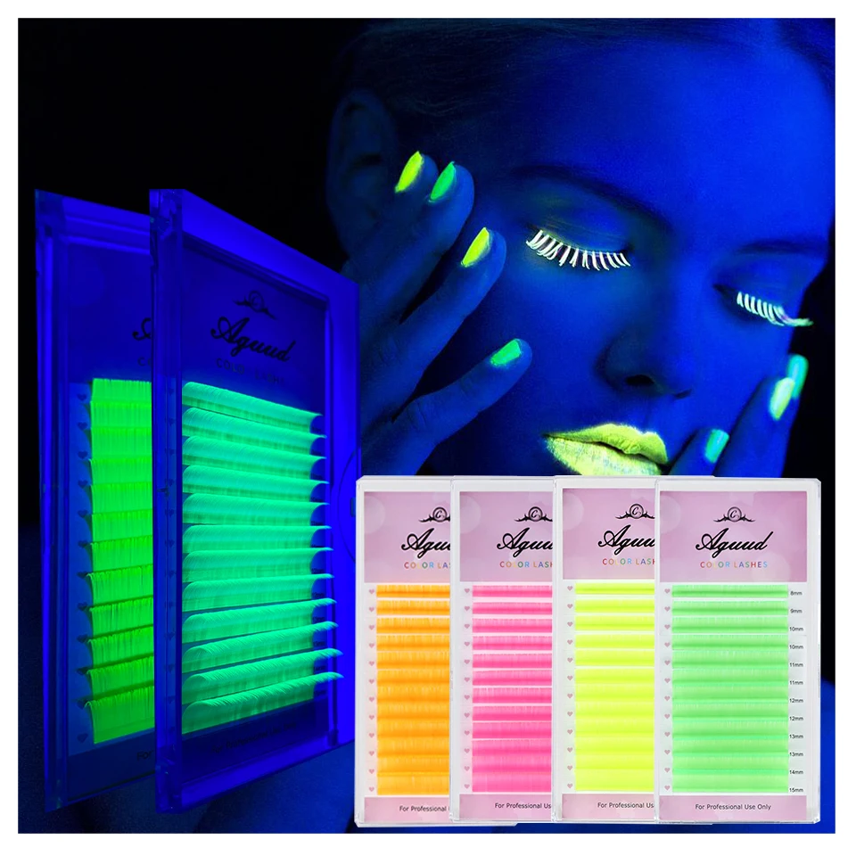 

Fluorescent Colorful Eyelash Extension Pink Green Yellow Orange UV Neon Lashes Glow Russian Colored Volume Lashes Makeup Cillios