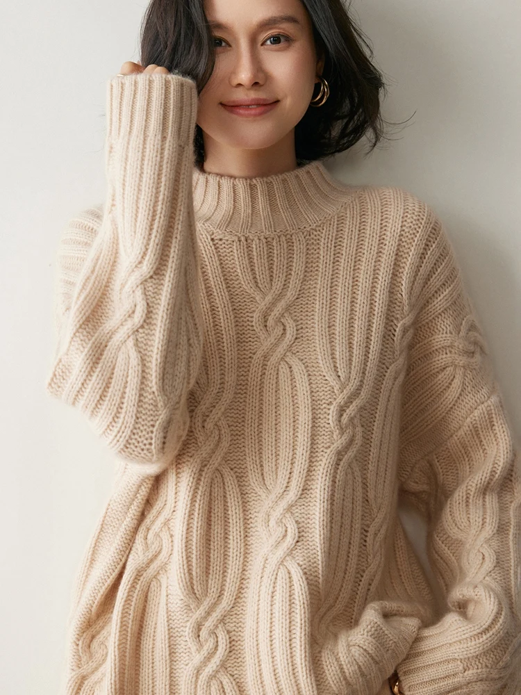 

Women Cashmere Sweater Thicken Loose Mock Neck Pullover Autumn Winter Jacquard Twist Flower 100% Cashmere Knitwear Clothing Tops