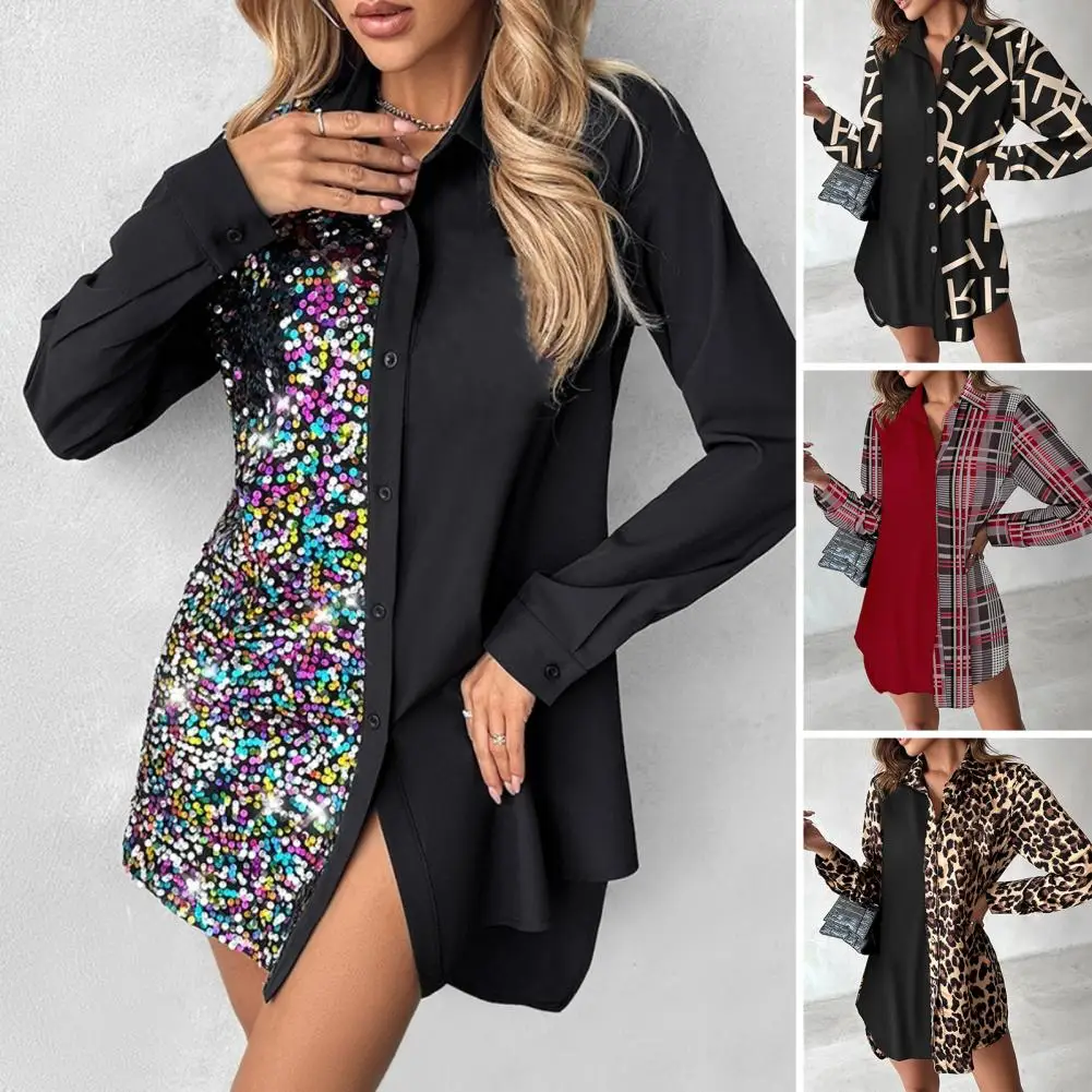 

Autumn Winter Dress Printed Asymmetric Hem Women's Mini Dress with Single-breasted Turn-down Collar Loose Long Sleeve Buttons