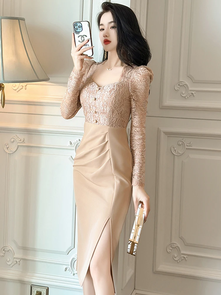 Nuovo Falso 2 Pezzi Abiti per Occasioni Formali Donna Mujer Donna Elegante Ufficio Colletto Quadrato Abito Sottile Abiti Robe Femme Moda