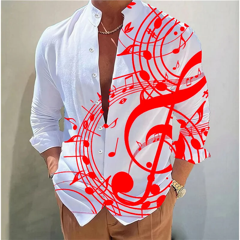 2024 new men\'s summer long sleeve shirt music print design comfortable elegant men\'s shirt oversized casual wear top