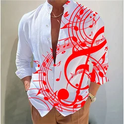 2024 new men's summer long sleeve shirt music print design comfortable elegant men's shirt oversized casual wear top