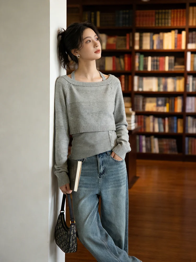 Korean Style Shoulder Bared Knitted Vest And Top Women's Casual Loose Fit Two-Piece Set Short Knit Cover up Base Shirt