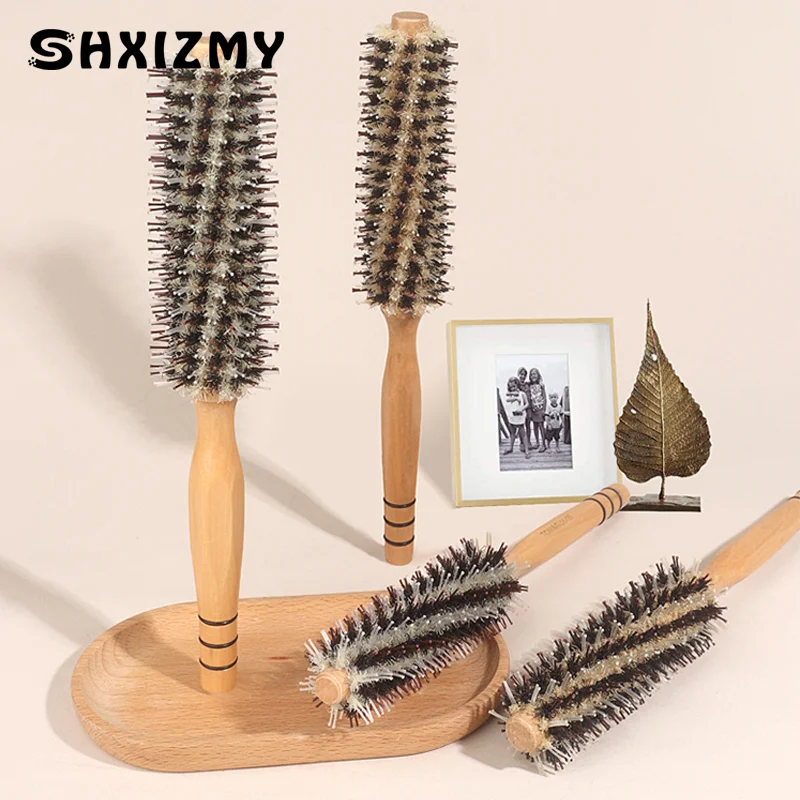 4 Style Wood Handle Round Rolling Brush Straight Twill Hair Comb Boar Bristle Round Barrel Hair Curling Brush Hairdressing Tool