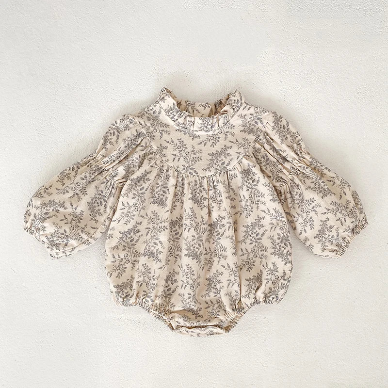 Baby-Mädchen Blumenmuster Bubble-Strampler mit Rüschenkragen, langen Puffärmeln, Baumwoll-Body für Neugeborene, Herbst-Einteiler-Outfit 0-24M – Detail 2