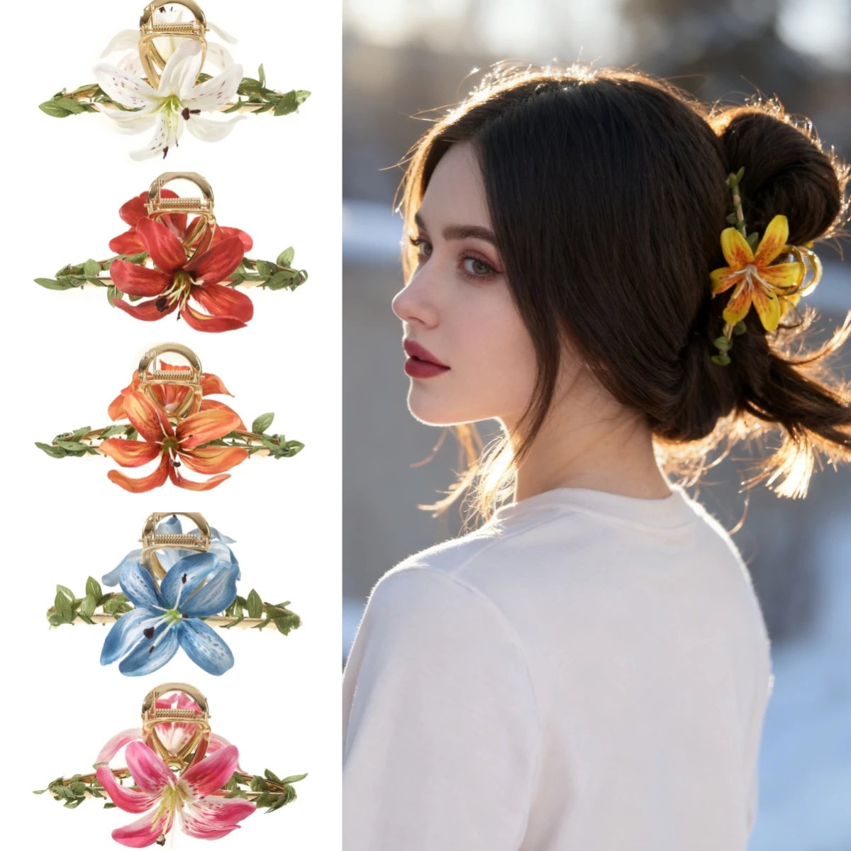 Pinza para el pelo de lirio de simulación dulce para mujer, horquilla elegante con flor, accesorios para el cabello hermosos para fiesta de vacaciones, tocado, 1 ud.