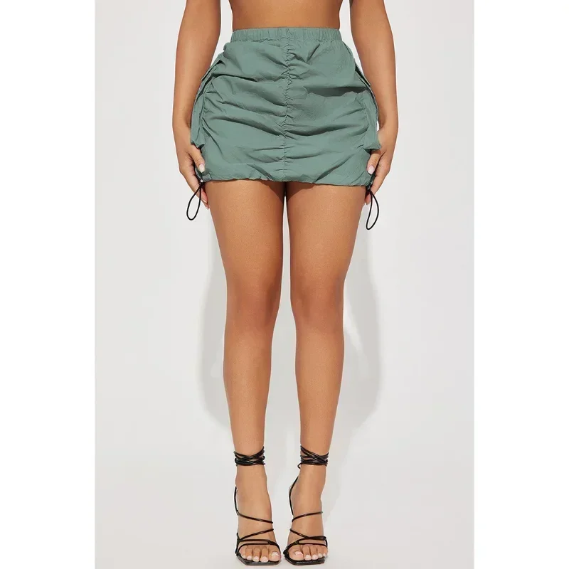 

GUWU Women Fashion Pocket Side Elastic Waist Drawstring Stretch Hem Bodycon Women Mini Cargo Safari Staced Skirt Summer