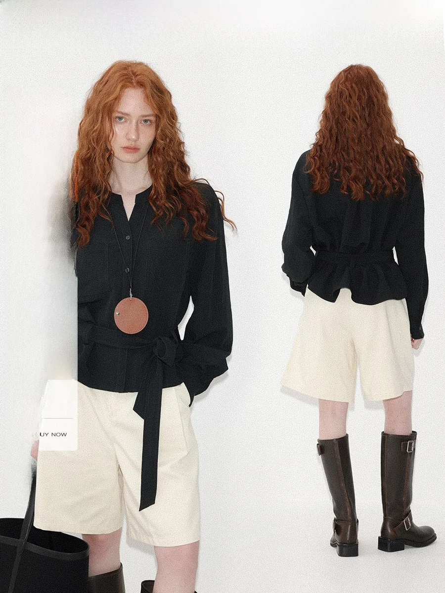 CHACHASTU Elegant Minimalist  Color Belted Shirt Women's Autumn Winter Commute Slimming Top Loose Fit Long Sleeve