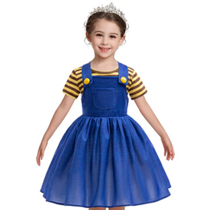 

Cute Baby Yellow Striped Short-sleeved Girl Anime Cartoon Role-playing Suspender Skirt Dress Campus Children's Daily Clothing