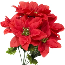 35cm Artificial Poinsettia Bushes Faux 7 Heads White Red Silk Artificial Christmas Flower Bouquet for Home Wedding Party Decor