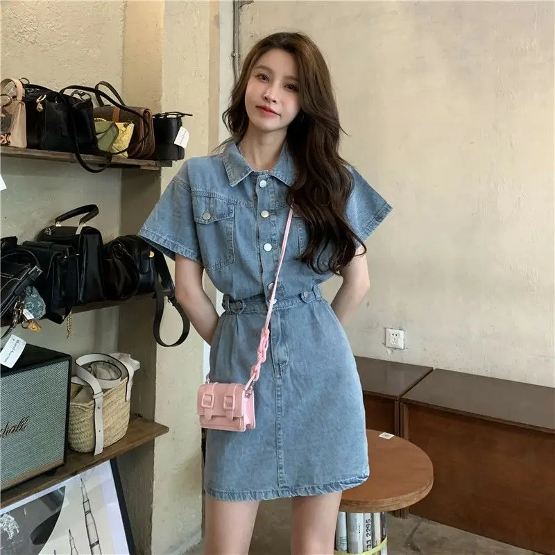 New Sweet POLO Collar Denim Dress for Petite Women Slimming Down with A Cinched Waist Retro Korean Style Denim A-line Dress