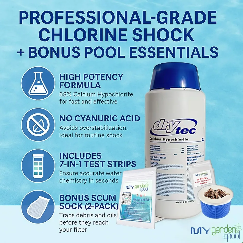 Drytec 5 lb Calcium Hypochlorite Pool Shock Fast-Dissolving Chlorine Granules with 2 Scum Socks & 7-in-1 Test Strips for Swimmin