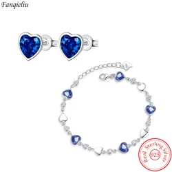Genuine 925 Sterling Silver Stud Earrings Heart Link Bracelets Crystal Jewelry Sets For Women Trendy New FQL23060