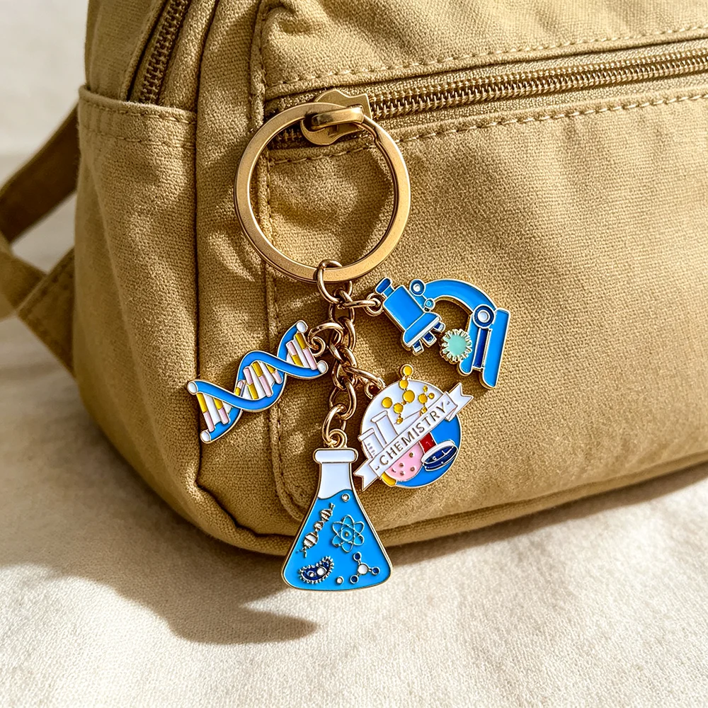 Kawaii Wissenschafts-Schlüsselanhänger Chemielabor DNA-Mikroskop Charm Schlüsselring Taschenanhänger für Lehrer und Studenten – Detail 1