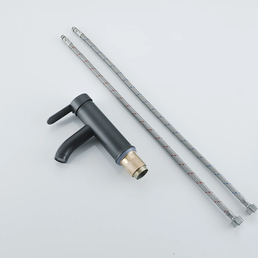 Round Bathroom Faucet Deck Mount 304 Stainless Steel Cold and Hot Black Sink Tap With Two Water Pipes