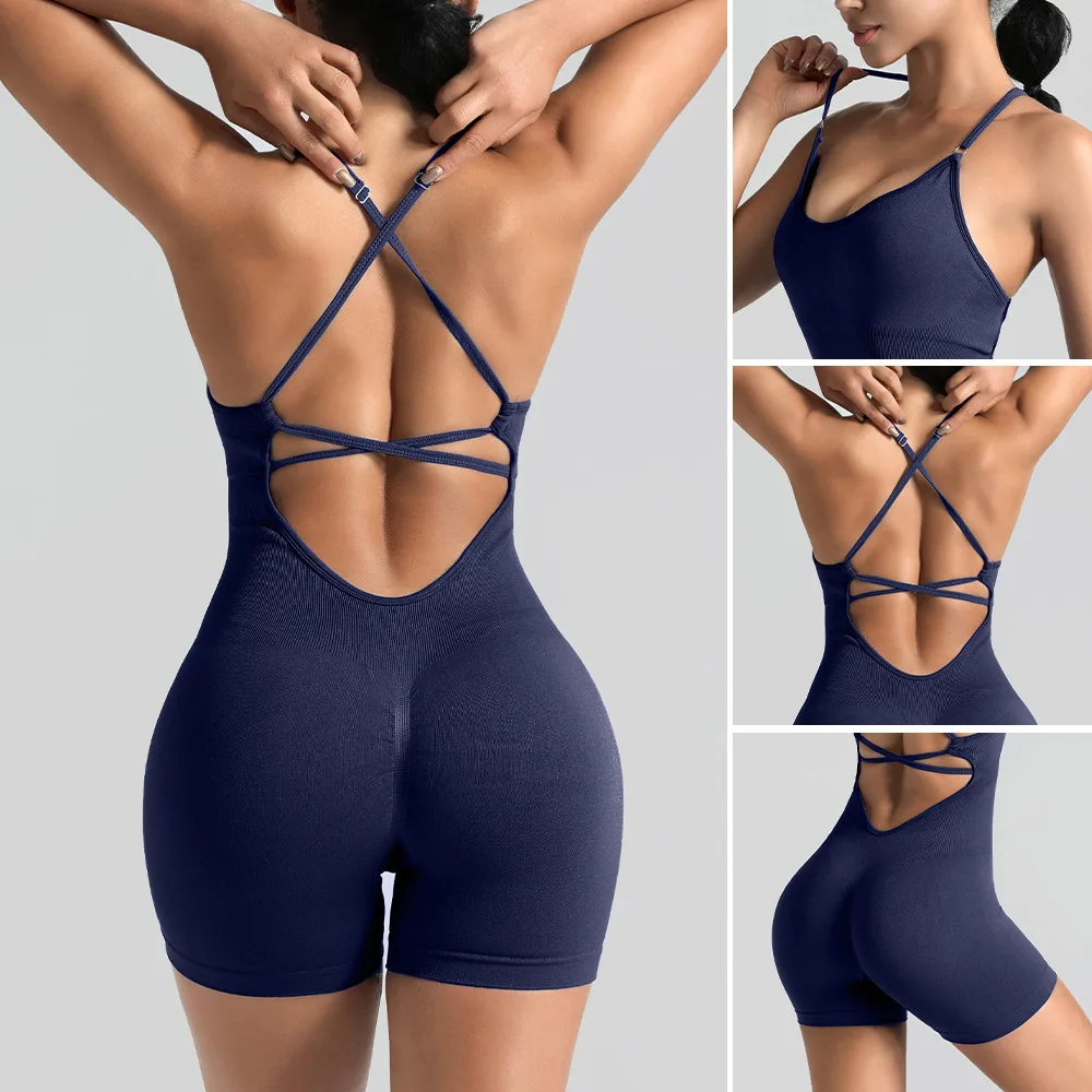 

Women's Criss Cross Backless Cami Sports Romper Sleeveless Running Workout Yoga Shorts Jumpsuits