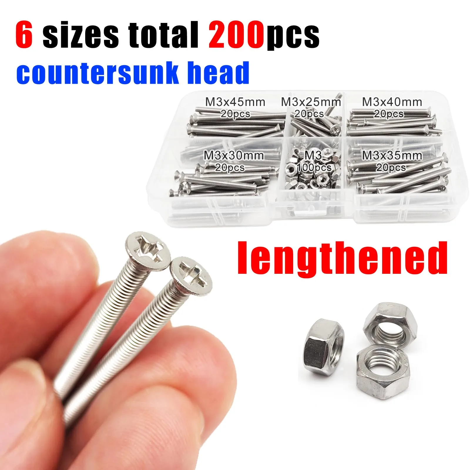 200pcs/box Long Lengthened M3 Phillips Round Pan Flat Countersunk Head Screw Bolt Nut Mix 6 Sizes Set Kit 304 A2 Stainless Steel