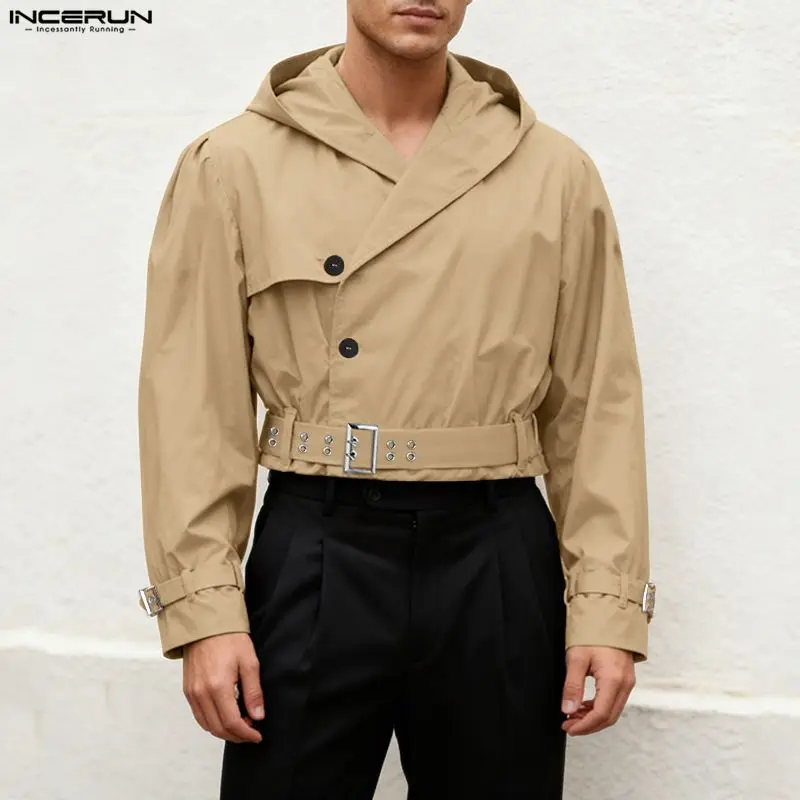 

INCERUN мужские куртки однотонные с капюшоном и длинным рукавом на пуговицах мужские тонкие пальто уличная одежда свободные модные повседневные укороченные куртки мужские S-5XL