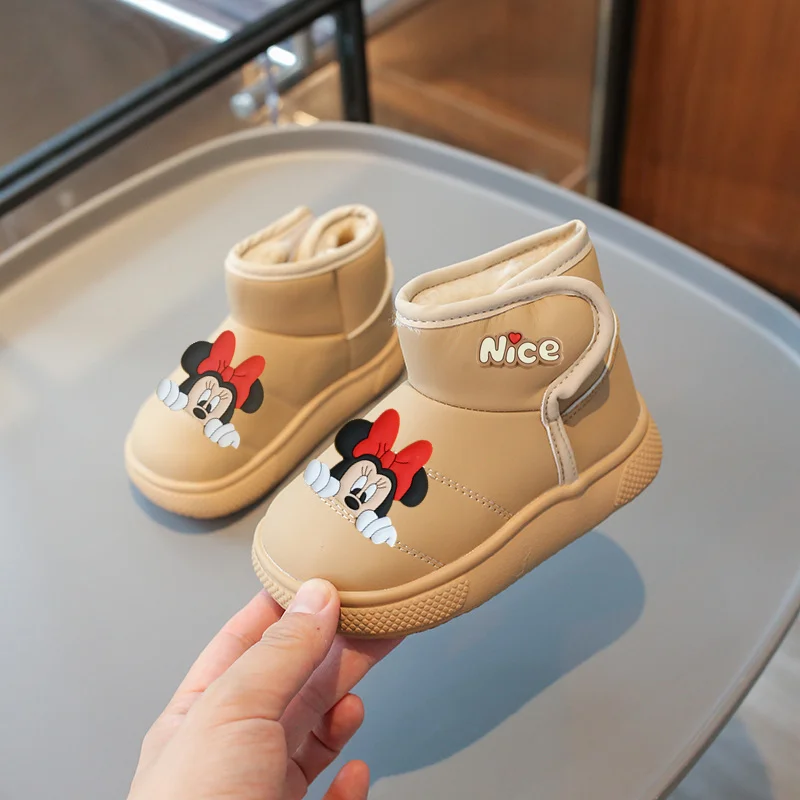 

Детская обувь для малышей, хлопковая обувь, мягкая подошва, нескользящая теплая хлопковая обувь из искусственной кожи и бархата, повседневная обувь с Микки Маусом и Минни для мальчиков и девочек