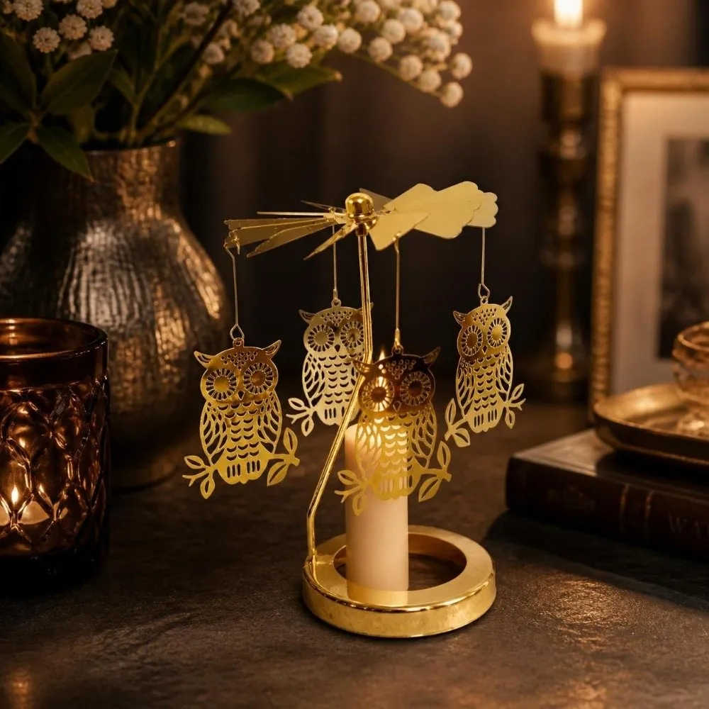 Metal Rotating Candle Holder Candlestick Ornament Golden Candle Carousel Topper Christmas Halloween Decor Elegant Candle Spinner