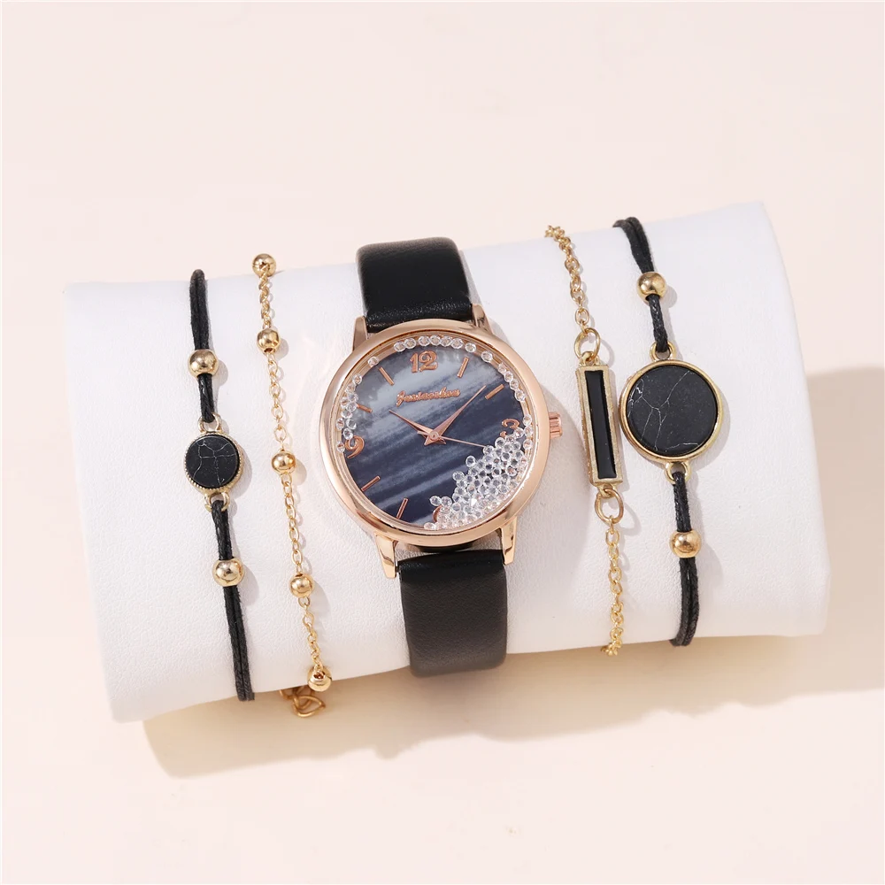 

5pcs/set fashion trendy rhinestone quartz pu leather women watch