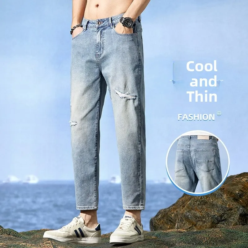 

Loose Straight Leg Men's Denim Jeans mid Waist Nine Points Hole Vintage Harlan Sle Teenager Suitable Spring Season China Made