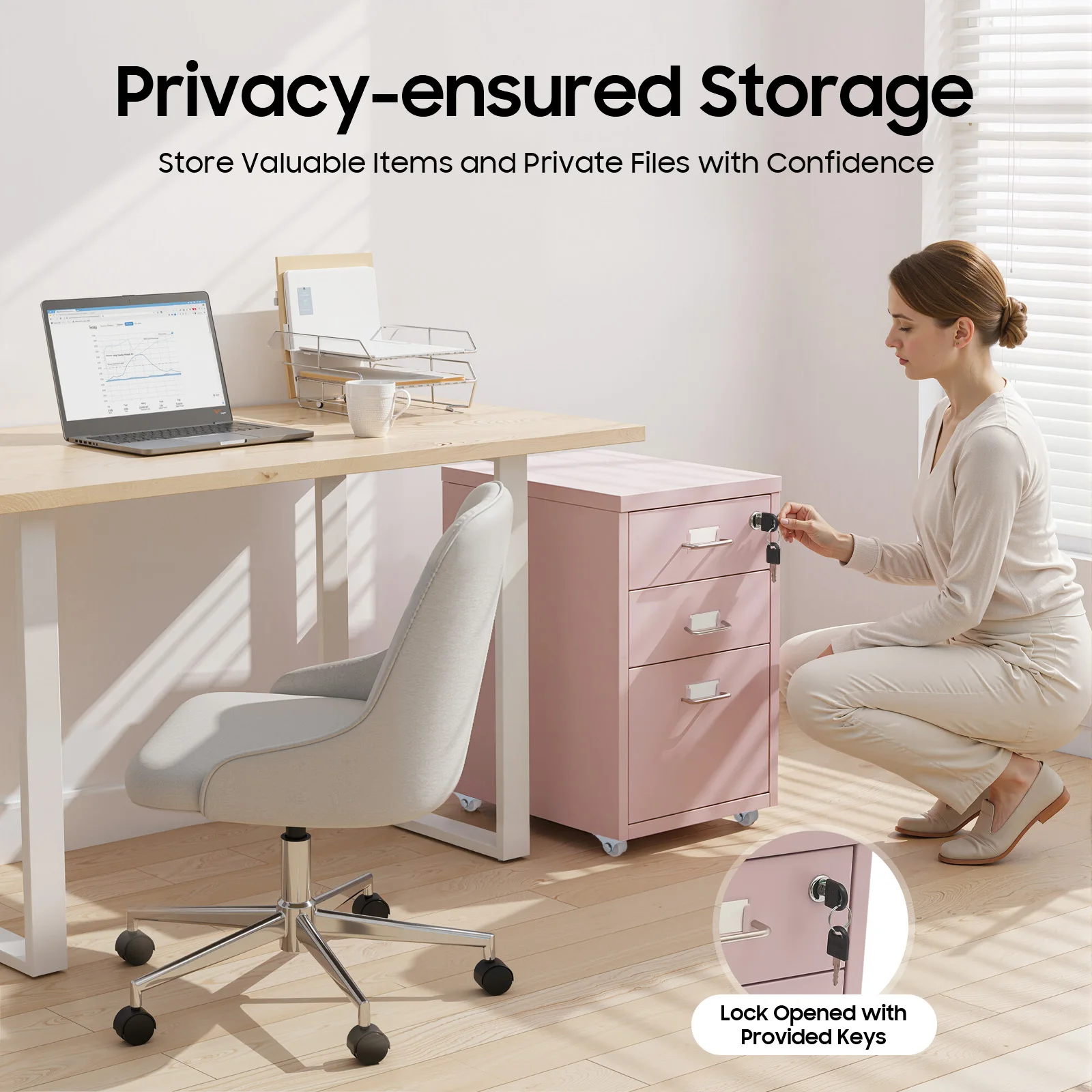 Pink 3-Tier Vertical File Cabinet, Movable Metal File Cabinet with Lock, Minimalism Versatile Classified Storage Cabinet