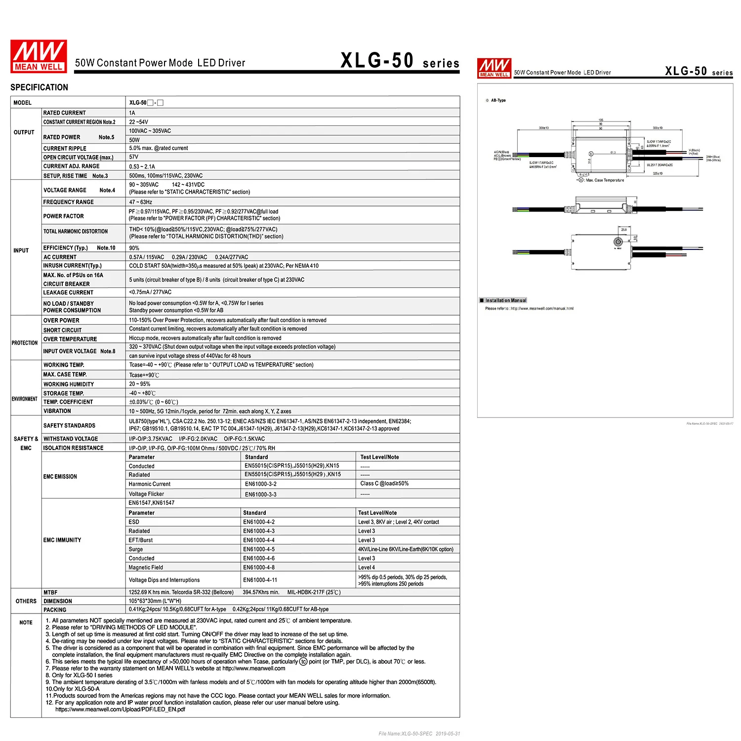XLG-50-AB 22-54V 1A 90% Efficiency IP67 Waterproof Wide Input 90-305VAC Constant Power Dimming 24V 50W LED Driver