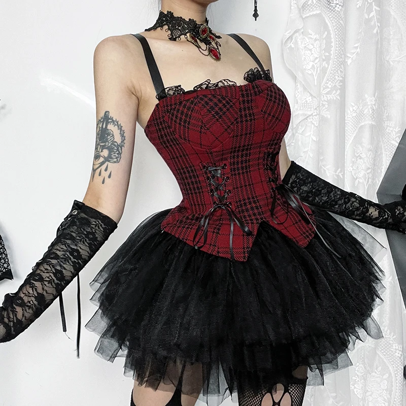 Y2K Red Plaid Lace-up Zipper Corset Crop Top Vintage Sexy Aesthetic Lace Trim Backless Slim Camis Tops Summer Fashion Streetwear