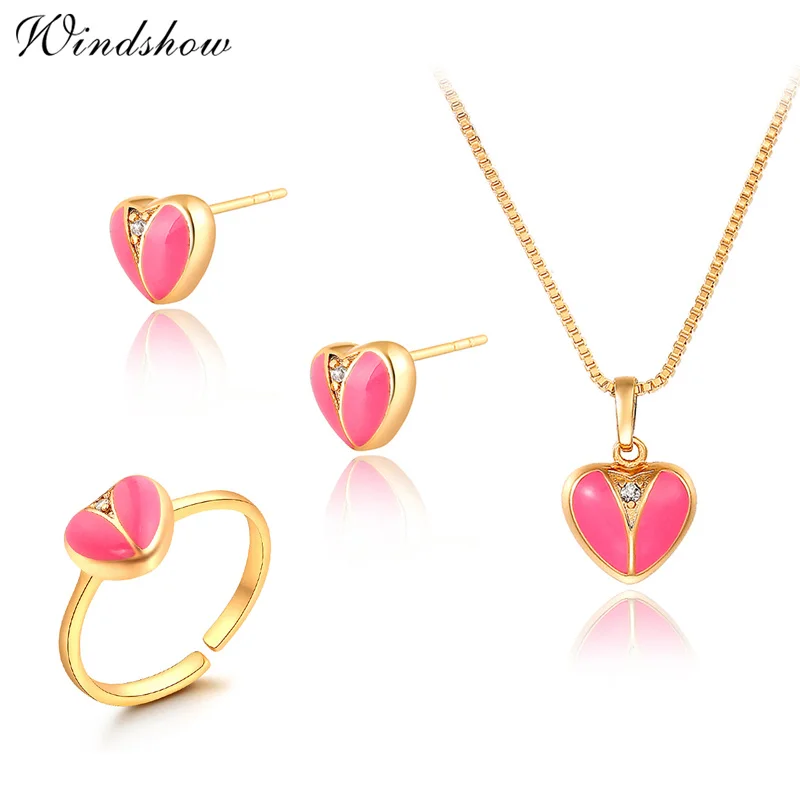 Oro Color de Rosa del Melocotón del Amor Del Corazón de la CZ Circón Stud Pendientes anillo Colgante de Collar de Conjuntos De Joyas Pequeñas Para Niños Girls Kid bebé