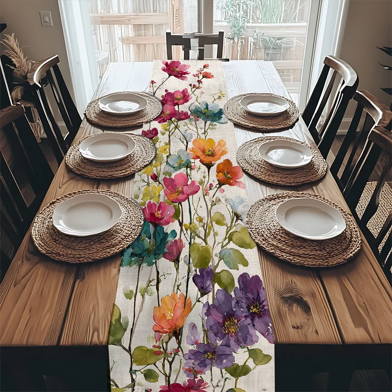1Pc Table Runner, Tablecloth, Watercolor Floral Pattern, Blooming Floral Design, Multicolored Tones, Suitable for New Year, Mother's Day, Father's Day, Birthdays, Weddings and Other Occasions, Suitable for Home, Restaurant, Cafe, Kitchen, Dining Table, Coffee Table, Buffet Table, Perfect for Event Decoration, Banquets, Picnics, Holiday Decorations, Festive Displays, and Seasonal Table Decoration Needs