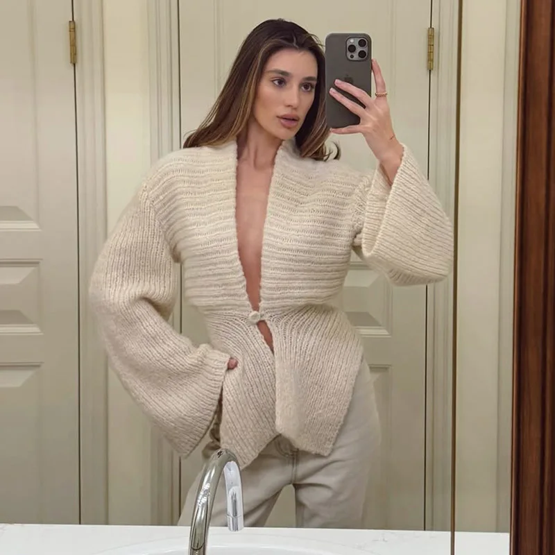 Winter Women Sweater Cardigan Jacket Autumn Fall Deep V-Neck Sexy Hollow Loose Beige Outfit One Button Coat