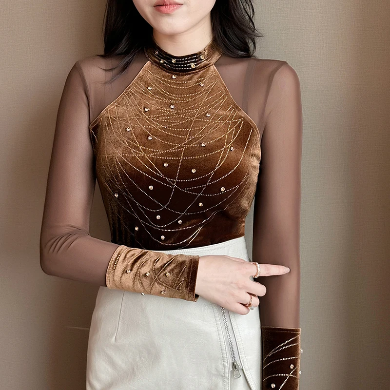 MadBlack-Women European Velvet T-Shirt, Sexy Turtleneck Diamond, Fashion Long Sleeve Slim S-3XL Knit Tee, 2025 Autumn T5N408CC