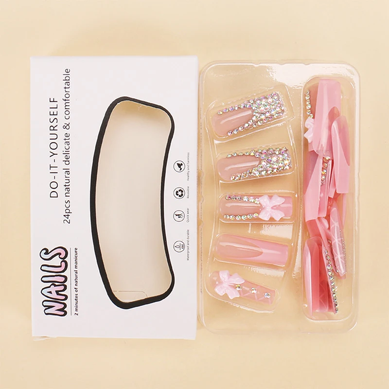 24pcs French Style False Nails 3D Pink Bowknot Designs Short Square Press On Nails Sweet Cool Korean Fashion Fake Nail Tips