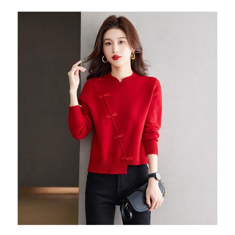 

2025 New Chinese Style Sweaters Spring Autumn Vintage Solid Chinese Knitted Pullovers Comfortable Soft Chic Button Tops