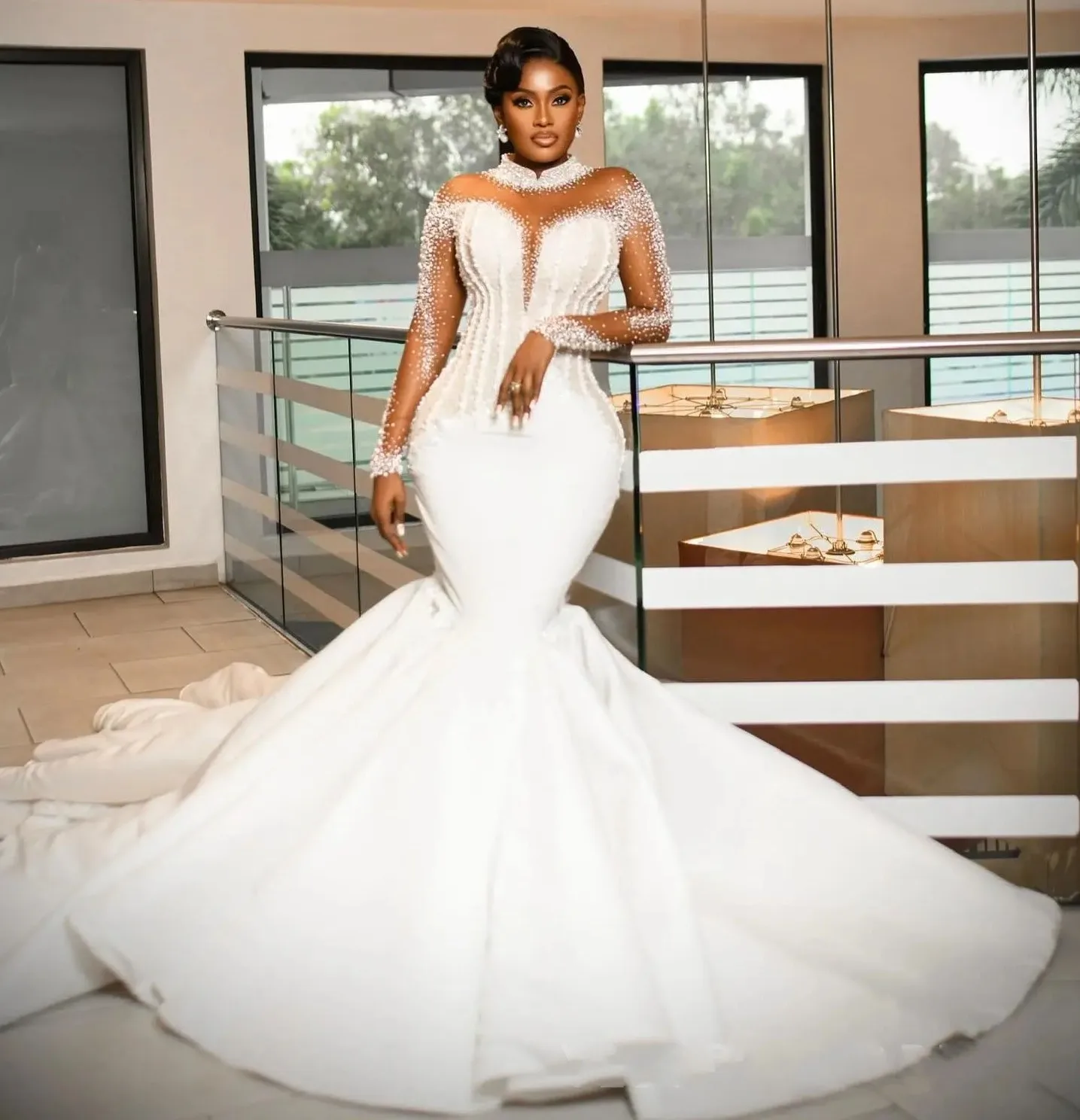 

2025 Luxurious Wedding Dress High Neck Long Sleeves Illusion Pearls Beads Mermaid Church Bridal Bride Gowns Vestido De Noiva