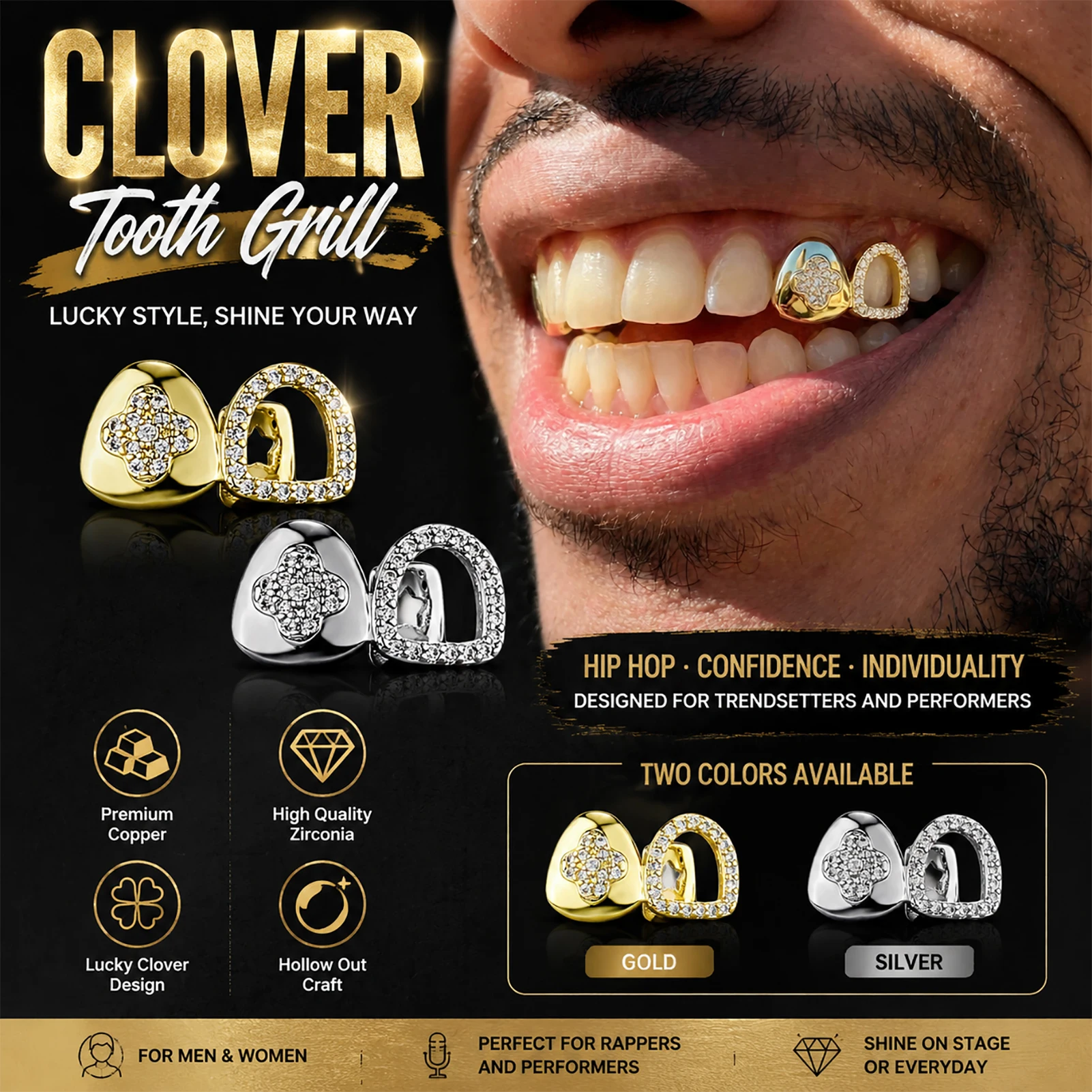 Thorns Treble Teeth Hollow Red Rhombus CZ Grillz Set